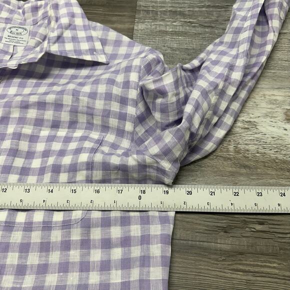 Brooks Brothers Purple White Gingham Mens M Regent Fit Linen Button Up Shirt EUC - Picture 6 of 8